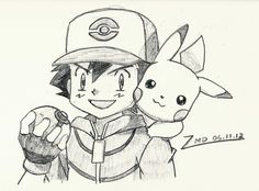 a drawing of pokemon and pikachu holding each other