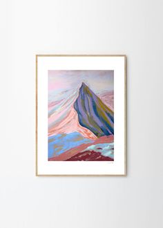 a painting hanging on the wall next to a white wall with a wooden framed frame