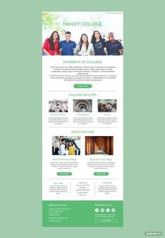 a green and white website design for a college with images on the front, side and back