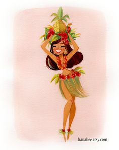 a woman in a hula skirt holding a pineapple