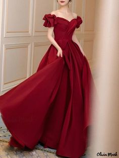 Olivia Mark - Fugitive Princess Bride Wine Red Engagement Gown with Off-shoulder Evening Dress Red Off-shoulder Dress With Sweep Train, Off-shoulder Maxi Dress For Prom Season, One Shoulder Red Dress For Wedding, Off-shoulder Maxi Dress For Banquet And Prom, Off-shoulder Maxi Dress For Prom Season Banquet, Red Off-shoulder Prom Dress, Red Off Shoulder Dress For Prom Evening, Red Off Shoulder Dress For Evening Prom Season, Solid Off-shoulder Wedding Dress