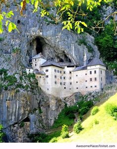 an old castle built into the side of a rock face with trees growing around it