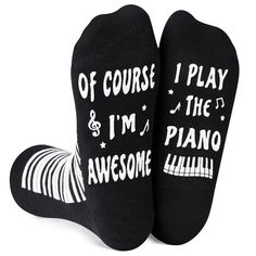 Piano SocksThe piano keyboard pattern runs the entire length of the foot and ankle. Our piano socks feature a fun message that reads "OF COURSE I'M AWESOME, I PLAY THE PIANO". They make perfect gifts for piano students or any lover of classical music!Size & PackingOur piano teacher gifts are are designed to fit shoe sizes 6-12, sock sizes 8-13. 1 Pair of funny socks come in each plastic zippered sockfun bag.Quality MaterialOur piano player gifts... Piano Recital Gifts, Medical Socks, Musical Gifts, Piano Teacher Gift, Gifts For Musicians, Piano Gifts, Play The Piano, Piano Recital, Musical Gift