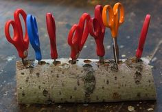 four pairs of scissors are stuck in a piece of wood, with multiple colored handles