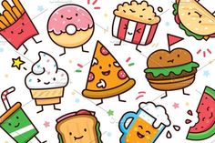 a bunch of food and drinks on a white background with confetti, watermelon, ice cream, donut, pizza, hot dog