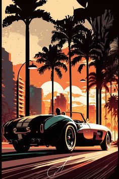 a car is driving down the road in front of palm trees and buildings at sunset