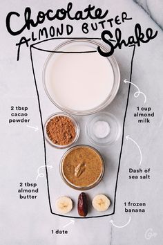 chocolate almond buttershake ingredients displayed on white paper with black text describing the ingredients