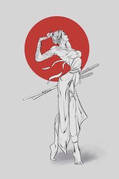 a drawing of a woman holding two swords