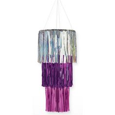 a multicolored chandelier hanging from the ceiling with fringes on it