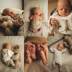 a collage of photos with babys and teddy bears laying on top of each other