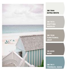 the color scheme for this beach house is gray and white, with blue and green accents