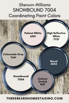 four different shades of paint on wood with text that reads snowbound 704 coordinating paint colors