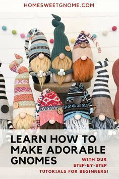 knitted gnomes with text overlay that reads learn how to make adorable gnomes