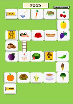 the food word game is shown on an orange background with white squares and words that spell out