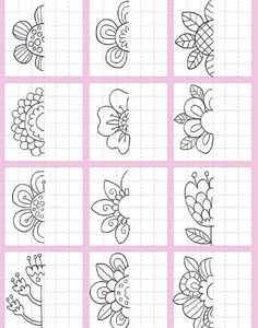 nine different flower designs drawn on squares