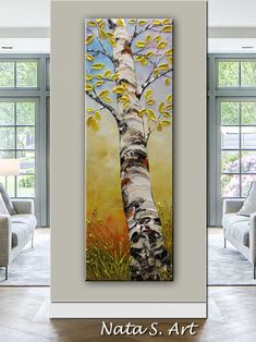 a painting of a birch tree with yellow leaves