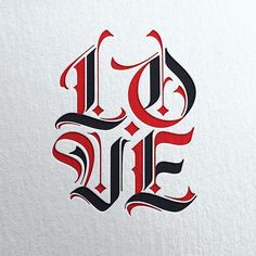 the word love written in red and black ink on a white paper with an ornate design