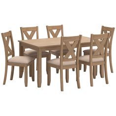 a dining table with six chairs and a bench in front of it on a white background