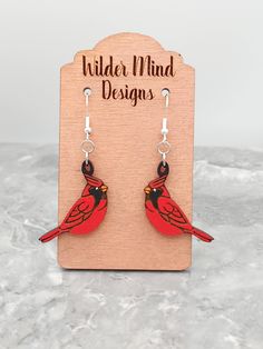 Cardinal Earrings, Hand Painted Earrings Wood, Shrinks Dink, Laser Engraved Earrings, Earrings Bird, Funny Earrings, Laser Projects, Engraved Earrings, Chevron Earrings