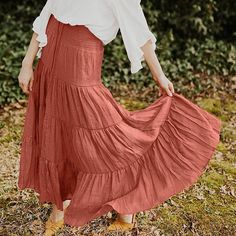 Rust Red Bohemia Pleated High Waist Maxi Skirt Casual Red Maxi Skirt For Fall, Bohemian Long Skirt In Solid Color, Bohemian Summer Skirt Solid Color, Bohemian Solid Color Skirt For Summer, Bohemian Solid Color Summer Skirt, Casual Red Non-stretch Maxi Skirt, Casual Non-stretch Red Maxi Skirt, Bohemian Solid Color Maxi Skirt For Summer, Bohemian Summer Maxi Skirt In Solid Color