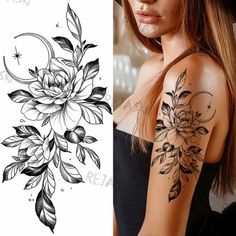 a woman's arm with flowers and leaves on it, next to an image of the