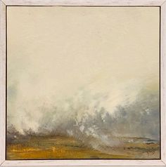 an abstract painting with white and brown colors on the bottom half of it, depicting a large wave coming in to shore