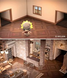 two views of a living room and dining area in an animated version of the same house