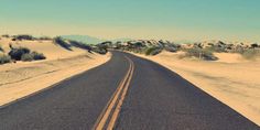 an empty road in the middle of desert with sand dunes and bushes on either side