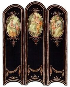 three black and gold painted panels with paintings on them