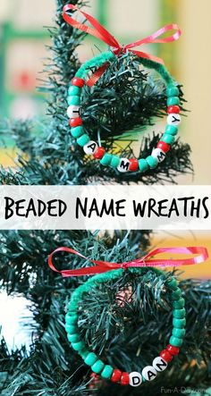 beaded name wreaths on a christmas tree with the words beaded name wreaths