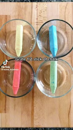 three plastic toothbrushes sitting in glass bowls on a wooden table with the words grate 7 / 2 stick of chalk