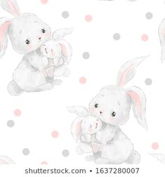 a watercolor drawing of two rabbits holding each other on a white background with pink polka dots