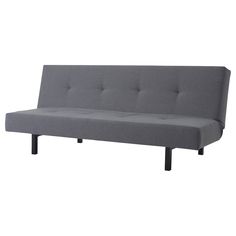 a gray couch with black legs and buttons on it's headrest, sitting in front of a white background