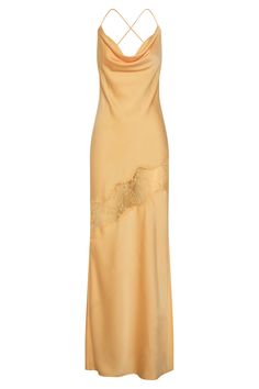 Captivate from all angles in the CHANDRA Lace Detail Satin Maxi Dress in Yellow. A cowl neckline and extreme low back come together in a classic slip silhouette - adorned with delicate lace to exude a romantic state of mind. She features skinny halter straps that cross-over on the back and a side split for a sleek and streamlined appeal. Keep Chandra at the forefront with a sleek bun and minimal accessories for maximum impact. Whether you're looking for an elegant wedding guest dress to celebrat Yellow Party Dresses, Yellow Party, Sleek Bun, Preppy Dresses, Backless Prom Dresses, Satin Color, Satin Maxi, Satin Maxi Dress, State Of Mind