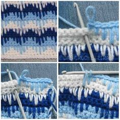 four pictures show how to crochet the stitchs on an old pair of jeans