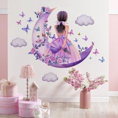 PRICES MAY VARY. Outstanding Design: These vinyl flower wall decals are with a girl in a purple dress standing on the moon, holding a bouquet, surrounded by swirling purple roses and butterflies, with romantic clouds as accents, creating a sweet and soothing atmosphere. Reliable Material: These wall stickers & murals are made from non-toxic, odorless, waterproof, and durable materials, safe for children, and featuring a strong adhesive for secure attachment, easy removal without leaving residue, Purple Accent Wall Kids Room Unicorn, Purple Wall Kids Bedroom, Disney Princess Wall Decal, Moon And Flowers Nursery, Purple Baby Rooms Walmart, Butterfly Bedroom, Girls Wall Stickers, Wall Sticker Design, Wall Stickers 3d