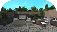 an outdoor kitchen and living area with furniture