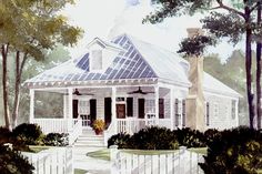 a painting of a white house surrounded by trees and shrubbery with a picket fence