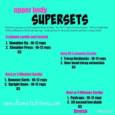 the upper body supersets workout plan is shown in pink and blue, with instructions for