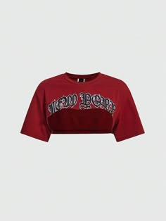 Burgundy Sexy Collar Short Sleeve Knitted Fabric Letter  Embellished Slight Stretch  Women Clothing Trendy Shirts Crop Tops, Tokyo Outfits, Super Crop Top, Burgundy Crop Top, Top School, Oversized Crop Top, Modesty Outfits, Red Crop Top, Casual Preppy Outfits