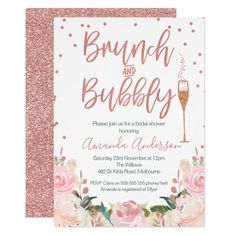 the brunch and bubbly bridal party card is shown in pink glitter