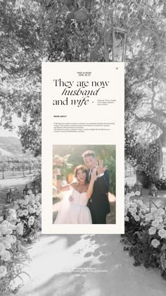 a black and white photo of a man and woman in formal wear standing under a tree