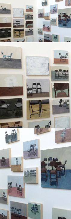 several photographs of chairs and tables are arranged on the wall in different colors, shapes and sizes