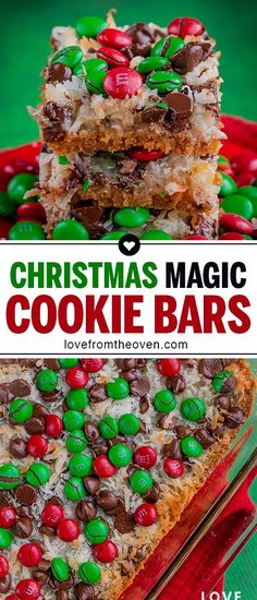 christmas magic cookie bars stacked on top of each other