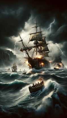 two ships in the ocean with lightning behind them