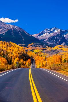 an empty road surrounded by mountains and trees with yellow leaves on the ground in autumn