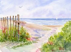 a watercolor painting of a beach scene with a wooden fence and seagulls