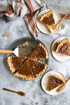 three plates with slices of pie on them and one slice has been cut from it