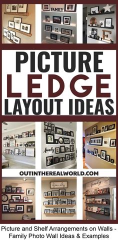 Photo Wall Ideas With Shelves - Ideas For Picture Ledge and Shelf Arrangements on Your Walls For Hanging Family Pictures - Have a blank wall in your living room, bedroom, foyer, #farmhouse #living #room #decor #ideas Photo Gallery Shelves, Grandbaby Picture Wall, Floating Shelves Family Pictures, Photos On Shelf Display, Displaying Sports Pictures, Picture Shelving Ideas, Staggered Picture Shelves, Shelves For Frames, Family Photo Wall With Shelves