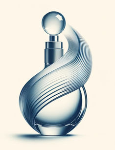 a bottle of perfume with an artistic swirl design on the top and bottom, against a white background